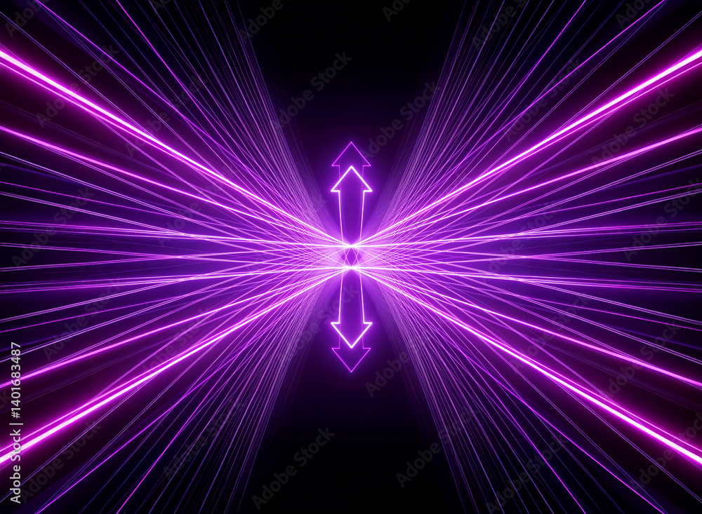 Poster abstract purple neon lines converge towards a central point, creating a symmetrical design with arro