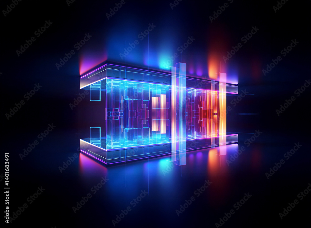 Poster abstract glowing geometric shape with vibrant neon illumination. cubic and rectangular forms create 