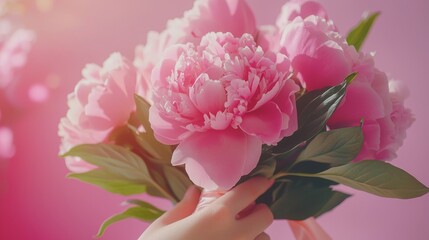 Obraz premium Bouquet of peonies in a woman's hand, close-up detail of lush petals, romantic atmosphere, tied with satin ribbon, fresh delivery concept