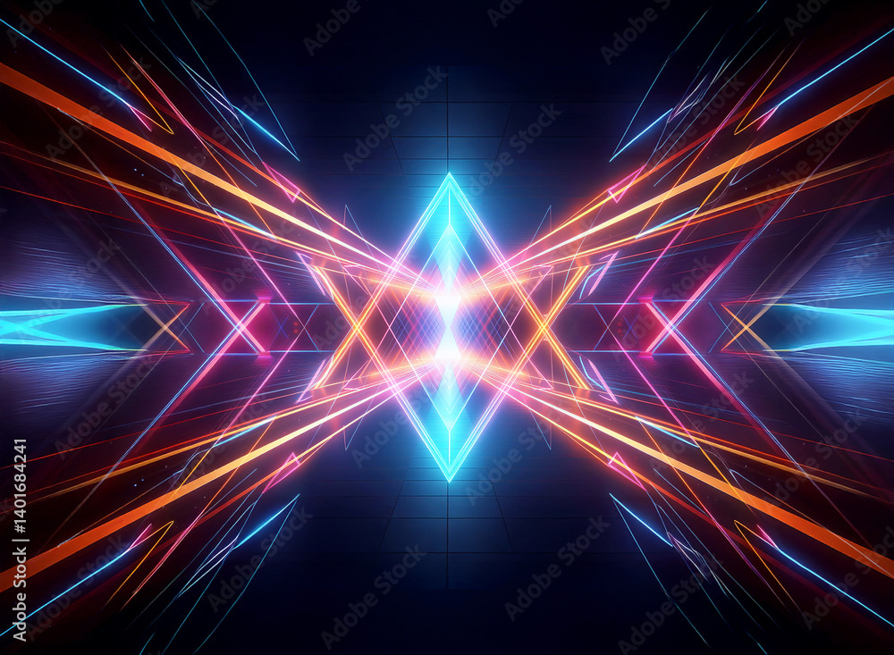 Aufkleber symmetrical abstract design with vibrant light streaks of blue, orange, and pink converging towards 