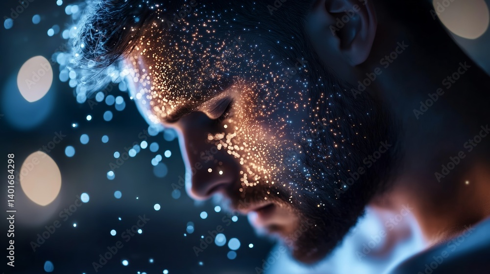 Poster a man experiences a captivating light display creating a mystical atmosphere during an artistic phot