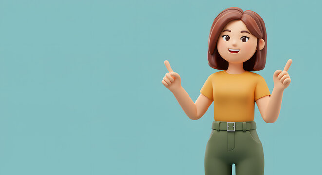 Animated woman character presenting information with gesture against blue backdrop