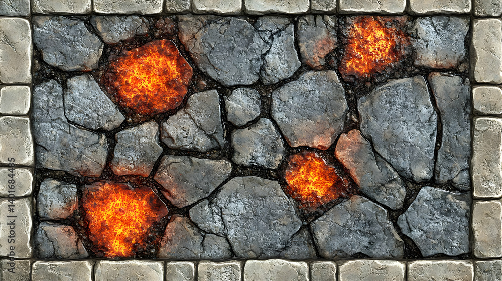Poster gray cobblestone texture with fiery orange lava filling the cracks creating a hot geothermal environ