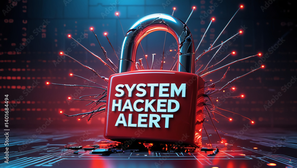 Aufkleber hacker attack. security breach, system hacked, internet cyber attack alert with red broken padlock, 
