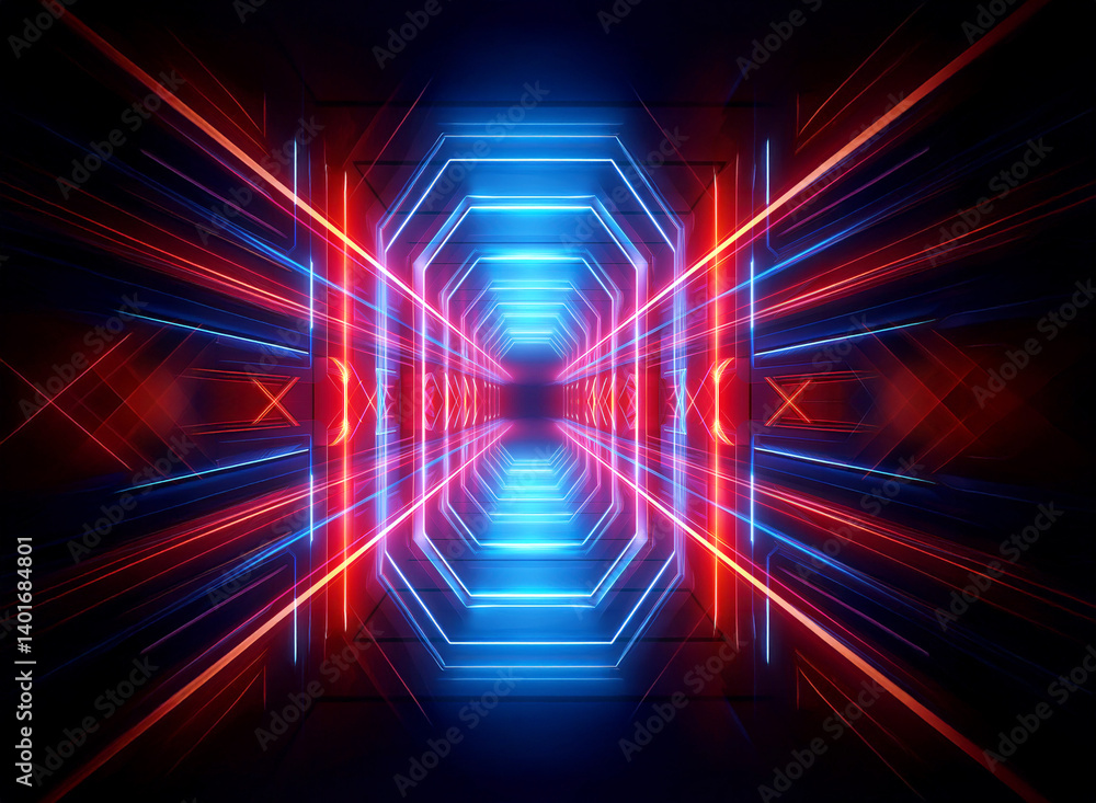 Poster abstract image features a glowing octagon tunnel with perspective lines. neon lights in blue and red
