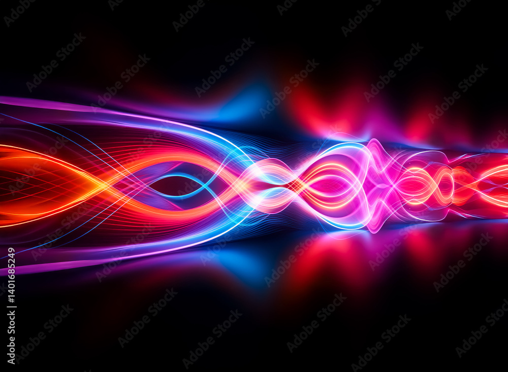Poster vibrant light streaks flow in a mesmerizing abstract pattern against a dark background, creating a d