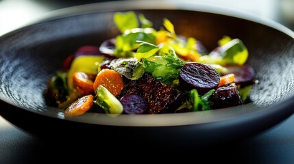 Vibrant gourmet vegetable salad with fresh herbs in black bowl