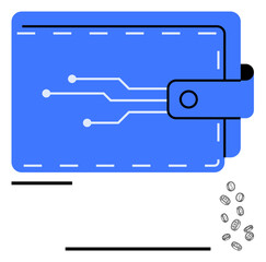 Blue wallet with circuit lines symbolizing technology, coins scattering below for financial transactions. Ideal for fintech, blockchain, crypto, e-commerce, digital security, investment, banking