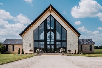 Obraz premium Contemporary building showcasing large glass windows and unique architecture in a serene outdoor setting during a sunny day with scattered clouds