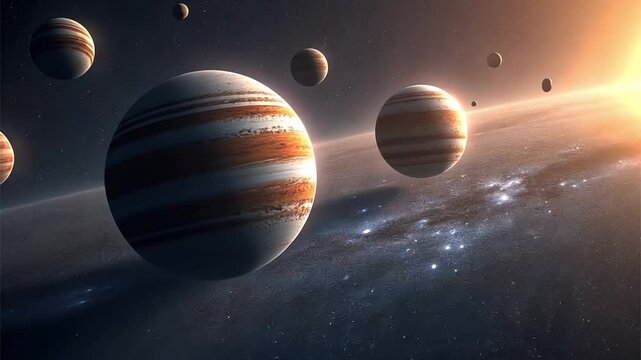 Digital rendering of Jupiter and its moons, perfect for educational materials, astronomical websites, and sciencerelated projects requiring accurate planetary illustrations