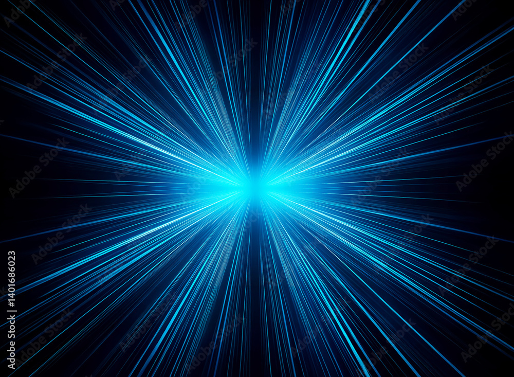 Poster a bright blue light source emits radiating beams against a dark background, creating a dynamic and e