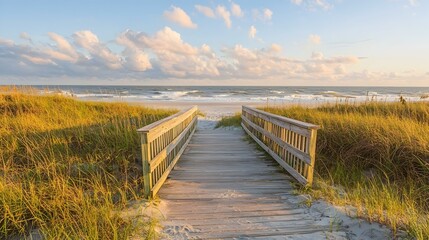 Fototapeta premium Serene boardwalk leading to a tranquil beach under a cloudy sunset sky.