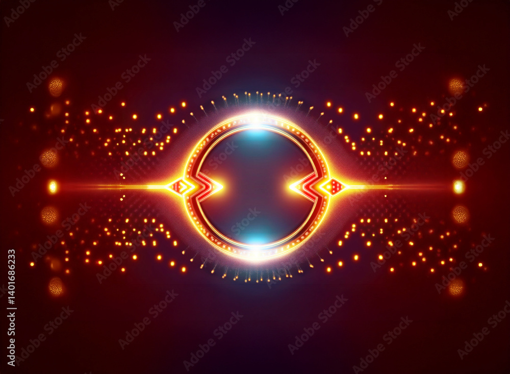 Poster abstract futuristic design with a bright circle and inward arrows, surrounded by glowing particles a