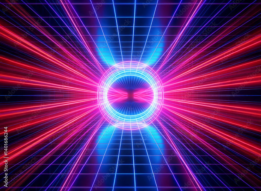 Poster vibrant neon red and blue lines form a grid converging to a central glowing circle, creating an abst