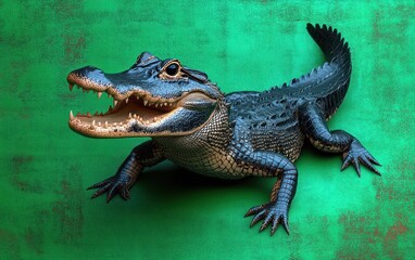 Fototapeta premium Realistic Alligator Crocodile on Vibrant Green Background Hunting in Motion with Dramatic Lighting and Hyper-Realism