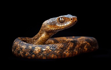 Fototapeta premium Hyper-Realistic Coiled Rattlesnake in Low-Key Lighting on Black Background