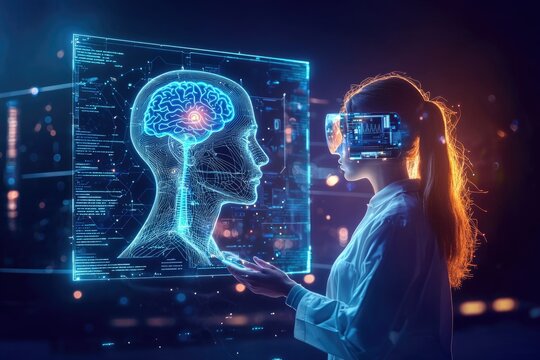 A woman using VR technology interacts with a holographic brain, exploring neural networks and cognitive processes. - Powered by Adobe