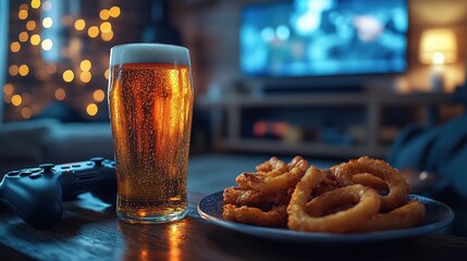 Enjoying beer with crispy onion rings while gaming in a cozy living room setting at nighttime