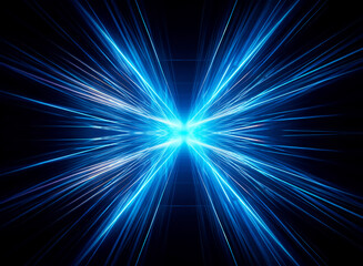 Obraz premium Blue light streaks emanate from a central, bright point, expanding outwards against a stark, dark background, creating a sense of rapid motion and energy.