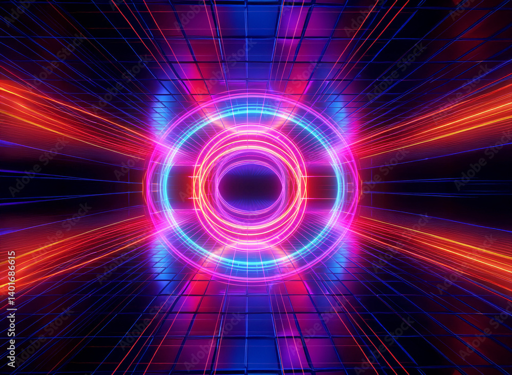Poster abstract neon lights create a tunnel effect with concentric circles and radial lines in vibrant blue