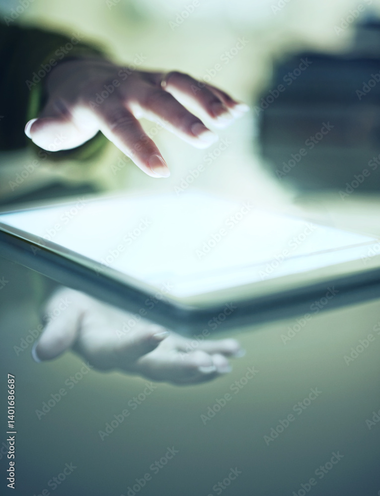 Poster hands, tablet and touch digital screen for connection or programming, software development and netwo