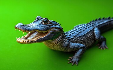 Fototapeta premium Photorealistic Alligator on Vivid Green Background with Dynamic Composition and Hyper-Realistic Textures and Scales