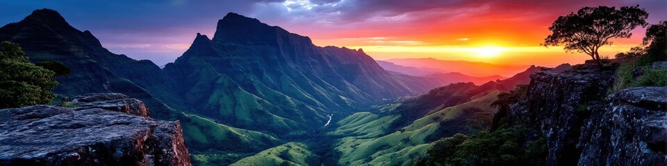 Breathtaking Panoramic Sunset Over Mountain Peaks and Picturesque Valley with Majestic Vibrant Skies Lush Greenery Dramatic Clouds and Tranquil Natural Landscape View
