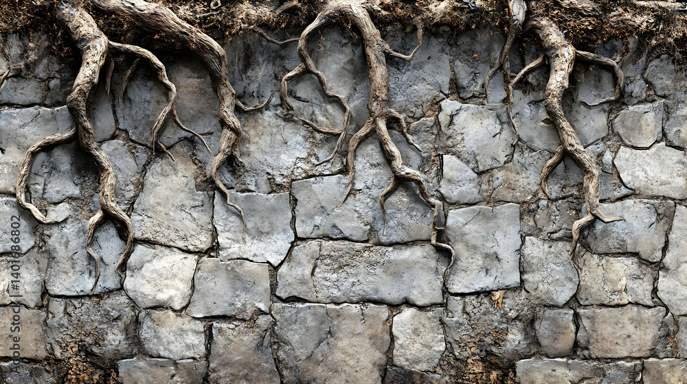 Poster grey stone wall with root texture background old masonry structure with detailed rock blocks ancient