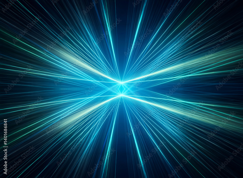 Poster an abstract image with blue light streaks radiating from a central point, creating a sense of dynami