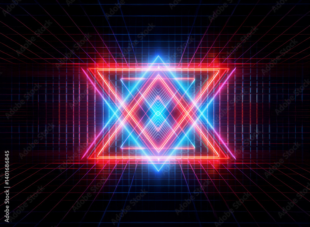 Aufkleber vibrant neon triangles and squares illuminate a dark grid backdrop, creating a futuristic, abstract 