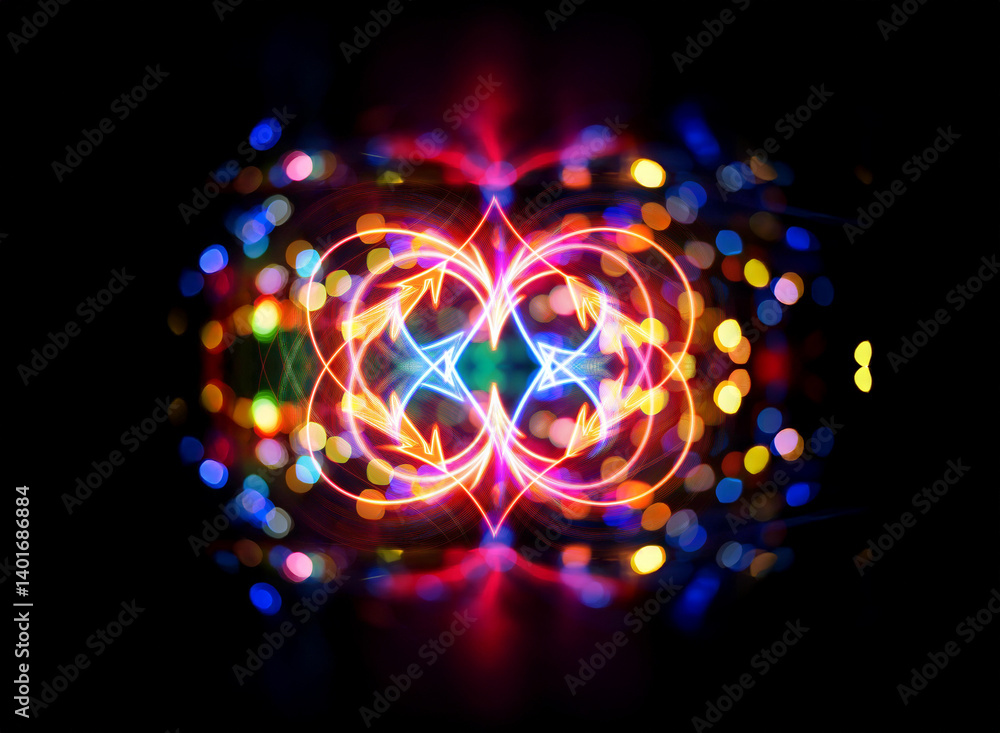 Aufkleber vibrant abstract light art featuring a symmetrical design of glowing curves and arrows against a bac