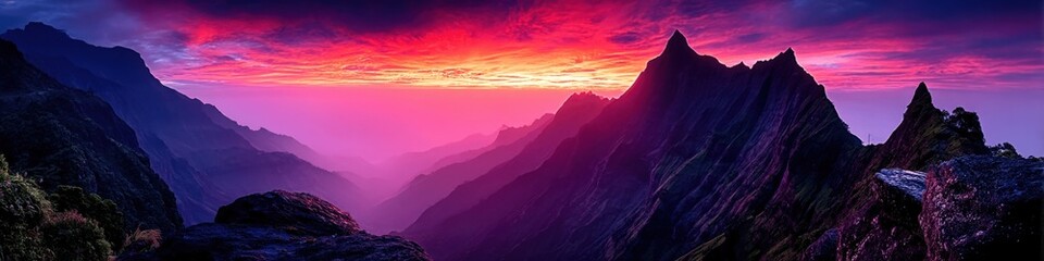 Obraz premium Breathtaking Mountain Landscape at Sunset with Vibrant Colors of Pink Purple and Blue Majestic Peaks Dramatic Skyline Scenic View Perfect for Nature Lovers and Hiking Fans