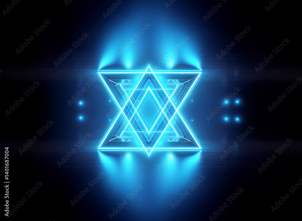 Poster futuristic glowing blue symbol composed of intersecting triangles, resembling a hexagon, with neon l