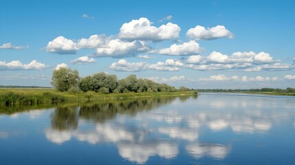 Fototapeta premium Serene river reflecting fluffy clouds on a bright summer day. Peaceful nature scene, perfect for calendars and travel websites.