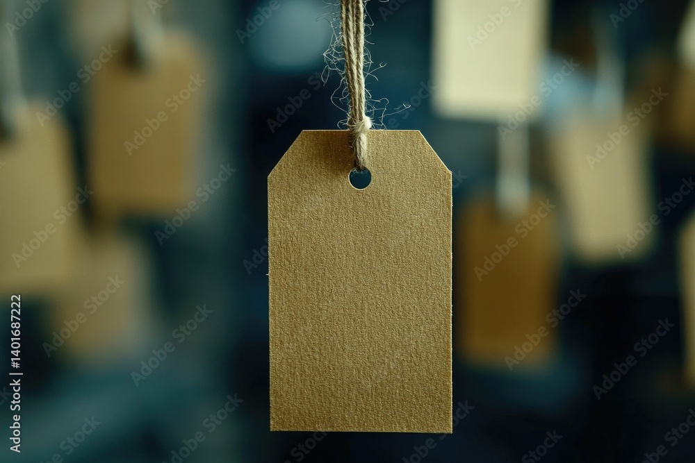 Aufkleber hanging paper tag with string on dark background copy space