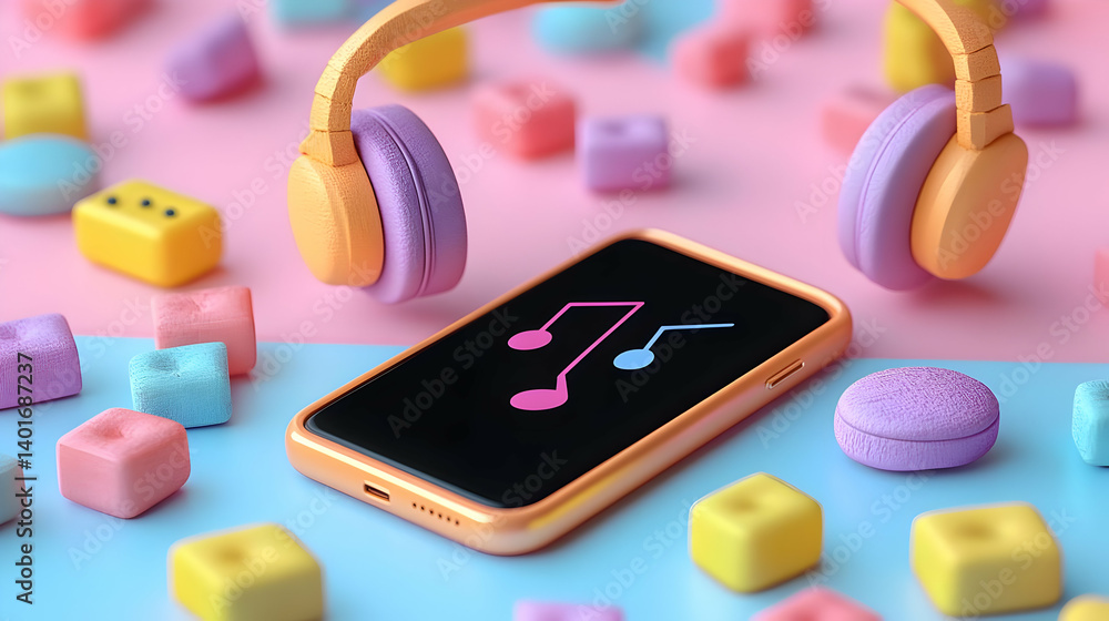 Poster headphones resting on smartphone displaying music notes surrounded by pastel colored cubes in a soft