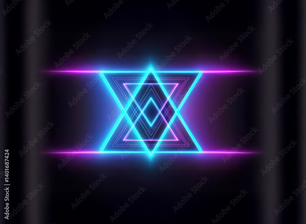 Aufkleber geometric neon shape with vibrant blue and pink lines against a dark backdrop. abstract triangle des