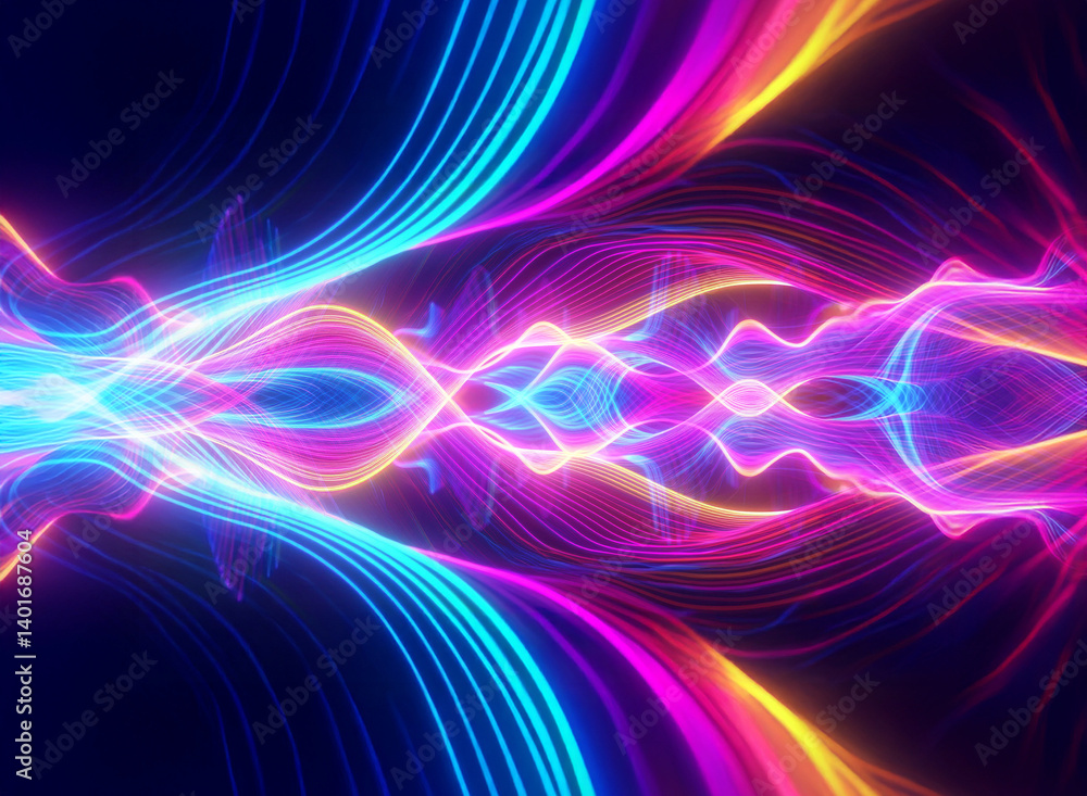 Poster abstract vibrant light streaks flow and intertwine, creating a dynamic symmetrical pattern against a