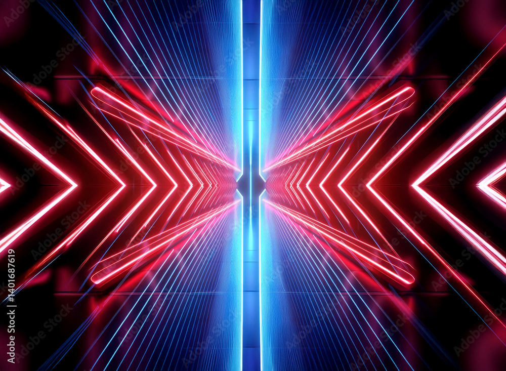 Poster abstract futuristic tunnel with vibrant red and blue neon lights. symmetrical perspective and geomet