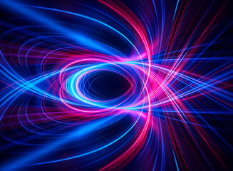 Obraz premium Vibrant abstract image featuring swirling and luminous blue and pink light trails. The dynamic streaks converge towards a central oval shape, set against a dark backdrop, creating a futuristic and en