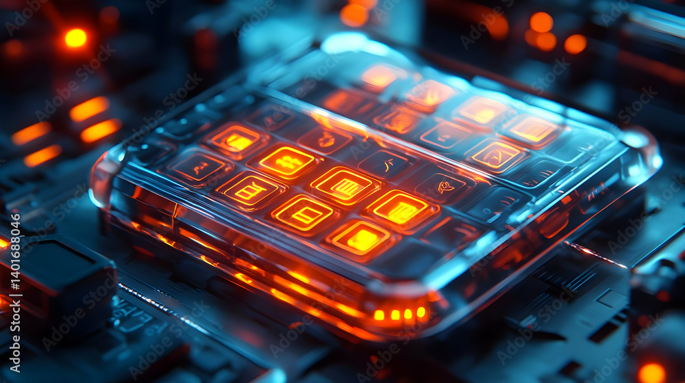 Poster illuminated circuit board with orange glow and blue tones featuring computer technology components a