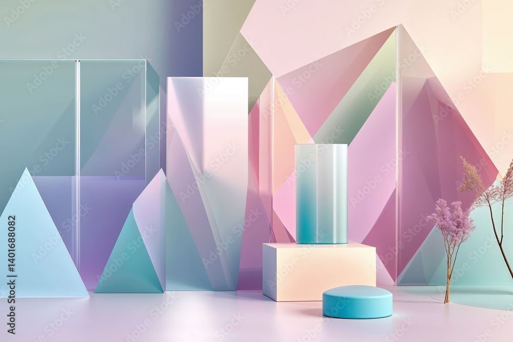 Poster design a tranquil geometric background with transparent features and soft pastel colors