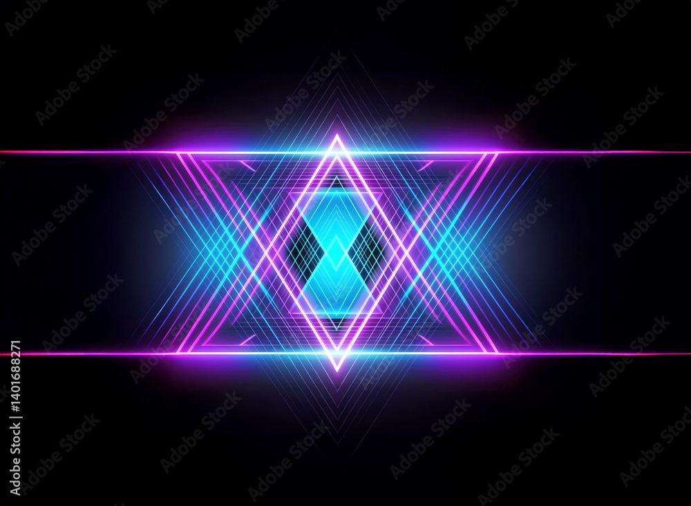 Poster vibrant neon lights form a symmetrical diamond shape with intersecting lines against a dark backdrop