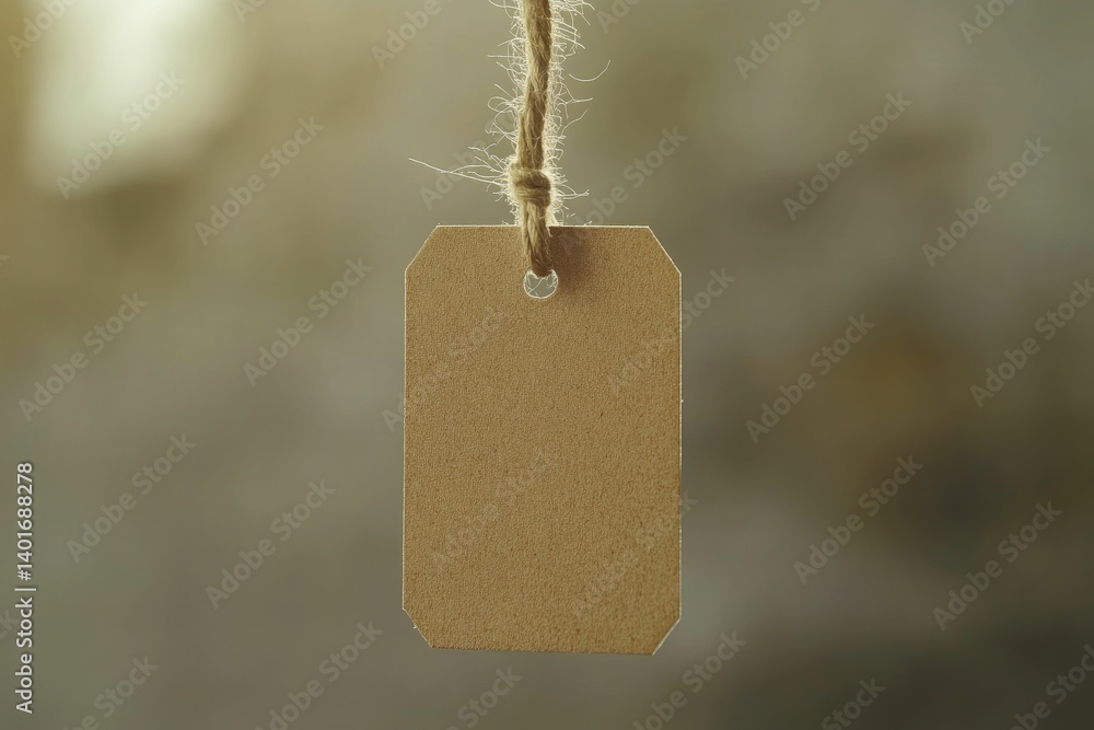Aufkleber hanging cardboard tag with string on a blurry textured background