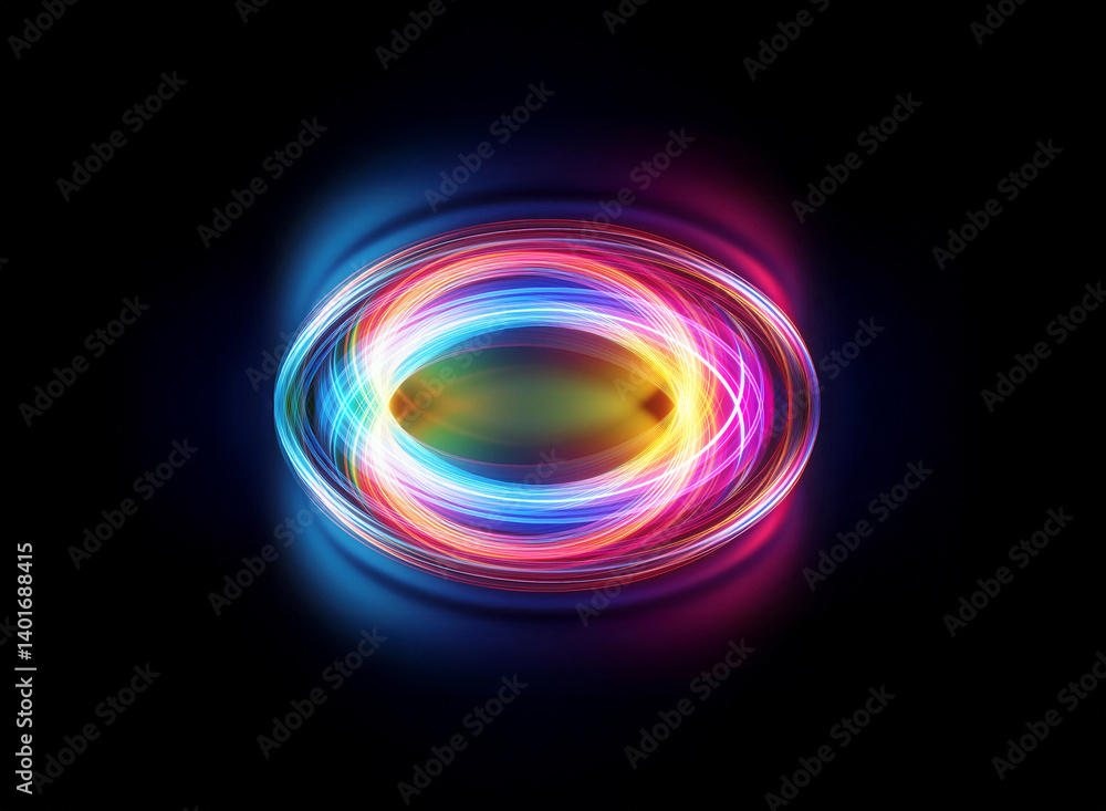 Poster abstract luminous oval with vibrant light trails on a dark backdrop. dynamic and colorful design ele