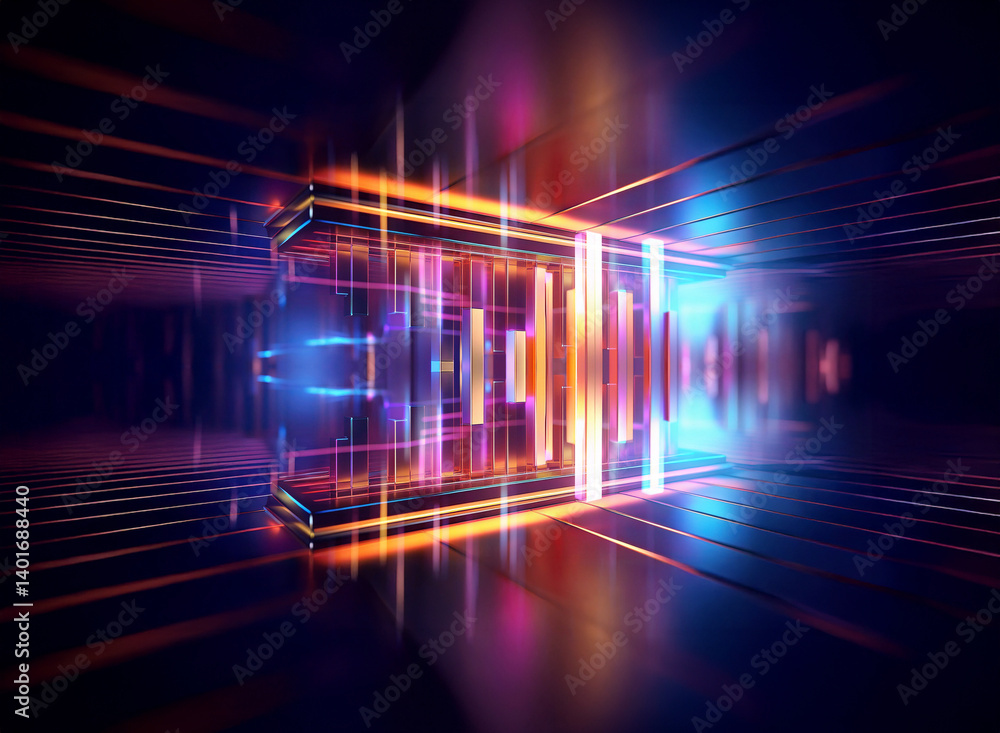 Poster abstract geometric form emits vibrant light streaks in a dark reflective space, creating a futuristi
