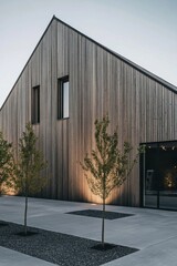 Fototapeta premium Contemporary wooden structure features minimalist design with sleek lines, located in a serene outdoor setting during twilight hours