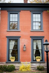 Historic brick house with large windows and decorative planters showcasing autumn foliage in a serene neighborhood setting during a cloudy day