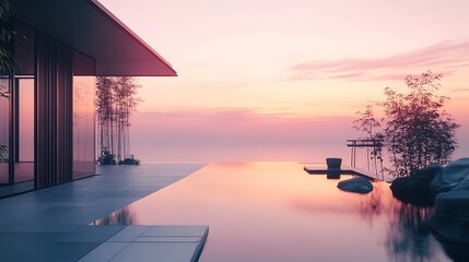 Modern minimalist architecture with a tranquil infinity pool overlooking a serene sunset and calm ocean waters