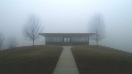 Obraz premium Mysterious foggy landscape with a modern building, path, and leafless trees. Perfect for moody, atmospheric projects.